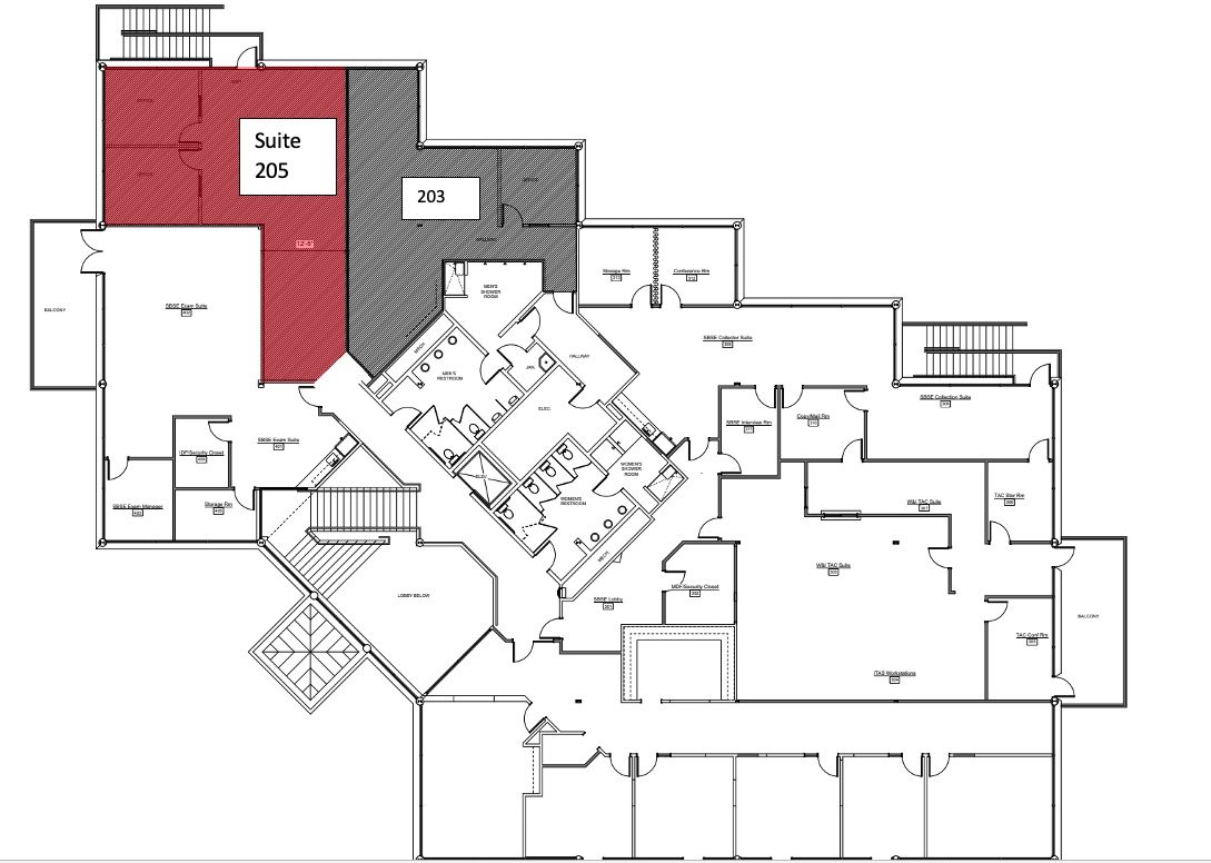 Second floor plan — Suite 205 highlighted